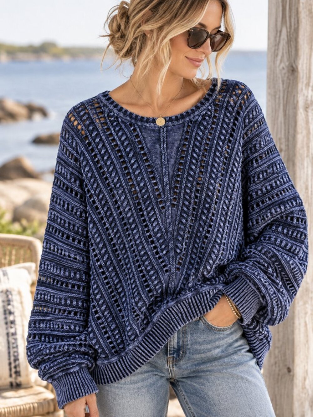 Tribal 100% Cotton Nightfall Special Wash Open Knit Crew Sweater S Oversized EUC